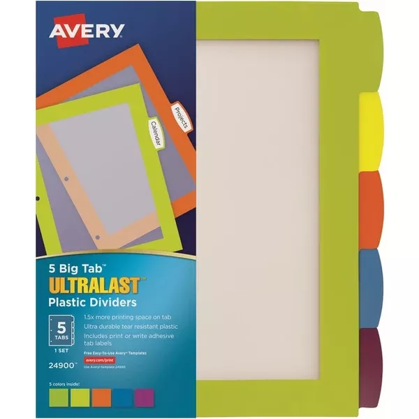 Avery Big Tab™ UltraLast™ Plastic Dividers for Laser and Inkjet Printers, 5 tabs (AVE24900)