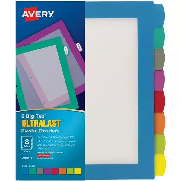 Avery Big Tab™ UltraLast™ Plastic Dividers for Laser and Inkjet Printers, 8 tabs (AVE24901)
