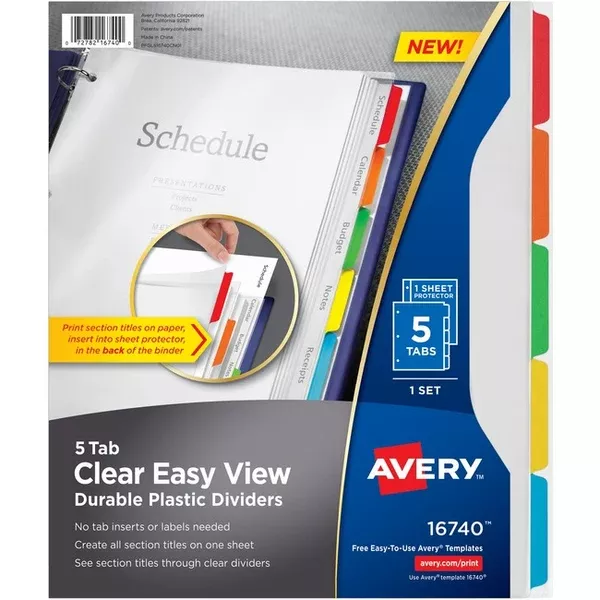 Avery Clear Easy View Durable Plastic Dividers5 tabs, 1 set (AVE16740)