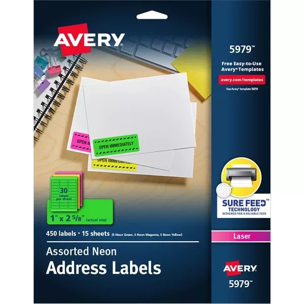 Avery High Visibility Neon ID Labelsfor Laser and Inkjet Printers, 1" x 2-5/8" , Assorted Colours (AVE05979)