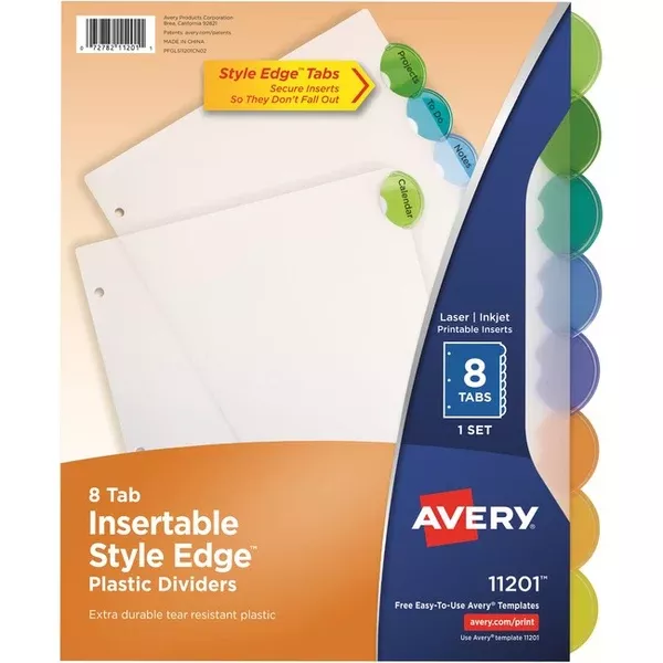 Avery Insertable Style Edge™ Plastic Dividers, 8 tabs, 1 set (AVE11201)