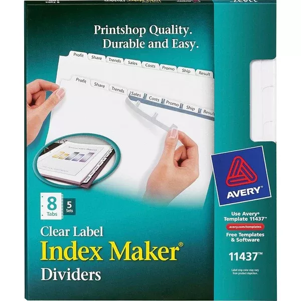 Avery Print & Apply Clear Label Dividers with Index Makerand Easy Apply™ Labels for Laser and Inkjet Printers, 8 tabs, 5 sets (AVE11437)