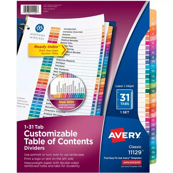 Avery Ready Index Table of Content Dividers for Laser and Inkjet Printers, 1-31 (AVE11129)