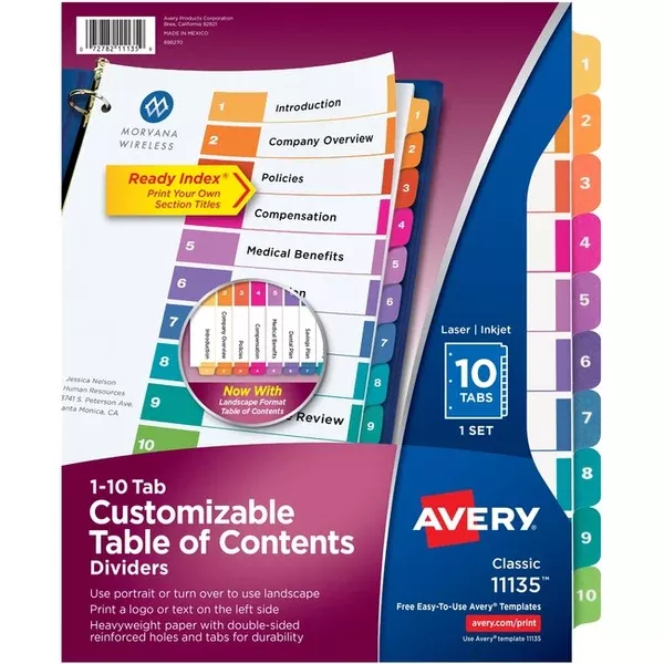 Avery Ready Index Table of Content Dividers for Laser and Inkjet Printers, 10 tabs, 1 set (AVE11135)