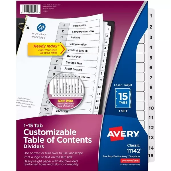Avery Ready Index Table of Content Dividers for Laser and Inkjet Printers, 15 tabs (AVE11142)