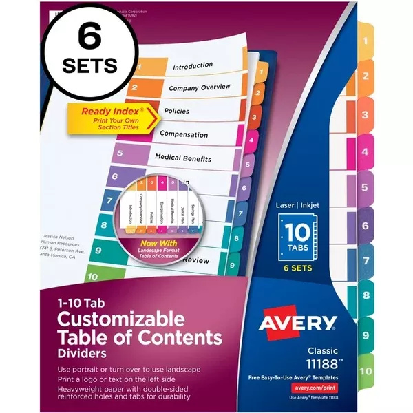 Avery Ready Index Table of Content Dividersfor Laser and Inkjet Printers, 10 tabs, 6 sets (AVE11188)