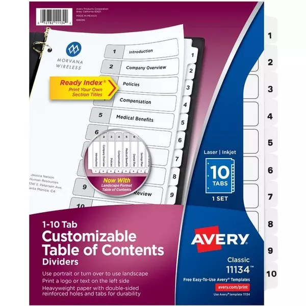 Avery Ready Index Table of Content Dividersfor Laser and Inkjet Printers, 10 tabs (AVE11134)
