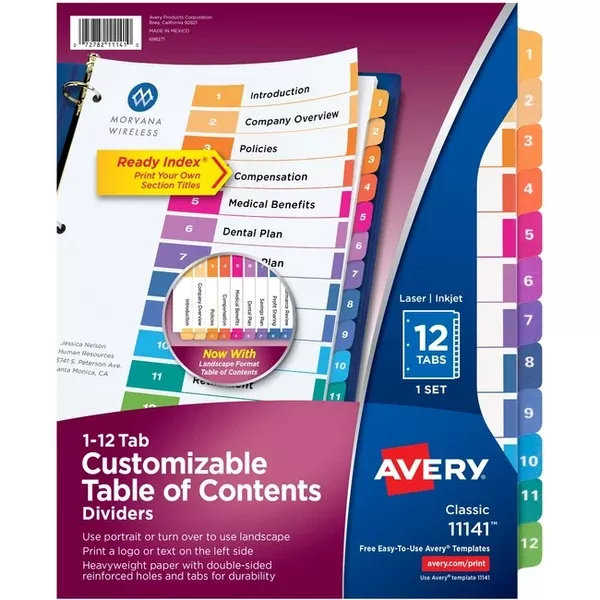 Avery Ready Index Table of Content Dividersfor Laser and Inkjet Printers, 12 tabs (AVE11140)