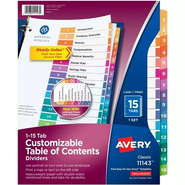 Avery Ready Index Table of Content Dividersfor Laser and Inkjet Printers, 15 tabs, 1 set (AVE11143)