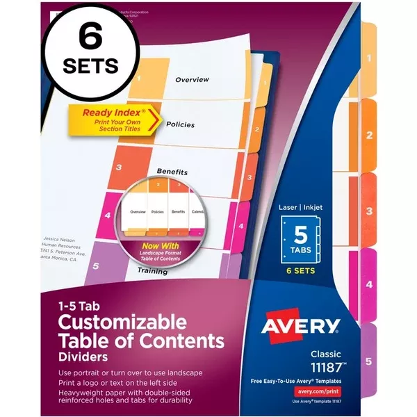 Avery Ready Index Table of Content Dividersfor Laser and Inkjet Printers, 5 tabs, 6 sets (AVE11187)
