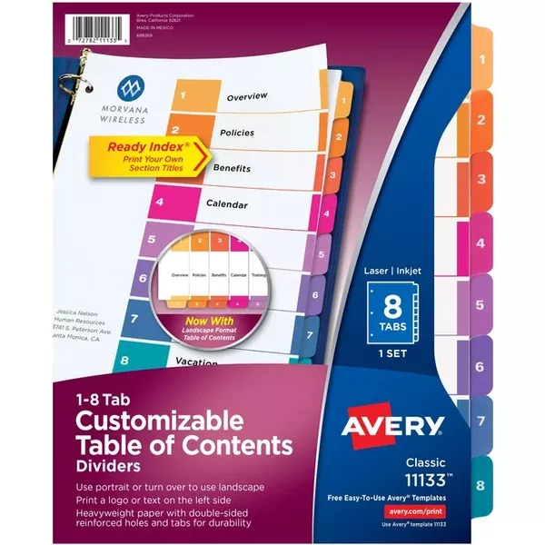 Avery Ready Index Table of Content Dividersfor Laser and Inkjet Printers, 8 tabs, 1 set (AVE11133)
