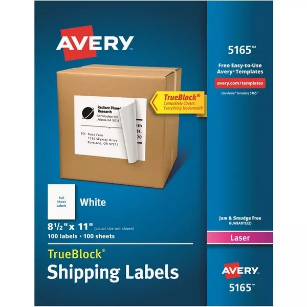 Avery White Rectangle Labels, TrueBlock, 8½" x 11" , for Laser and Inkjet Printers (AVE05165)