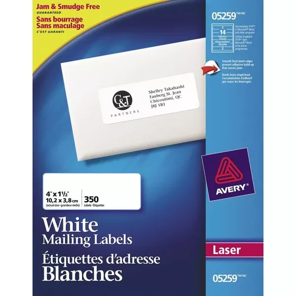 Avery White Rectangle Labels1-1/2" x 4" , for Laser and Inkjet Printers (AVE05259)