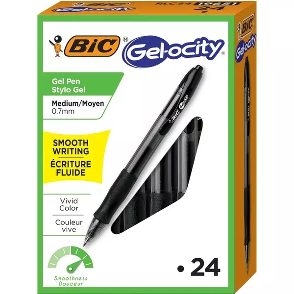 BIC Gel-ocity Original Black Gel Pens, Medium Point (0.7mm), 24-Count Pack, Retractable Gel Pens With Comfortable Grip (BICRLC241-BLK)