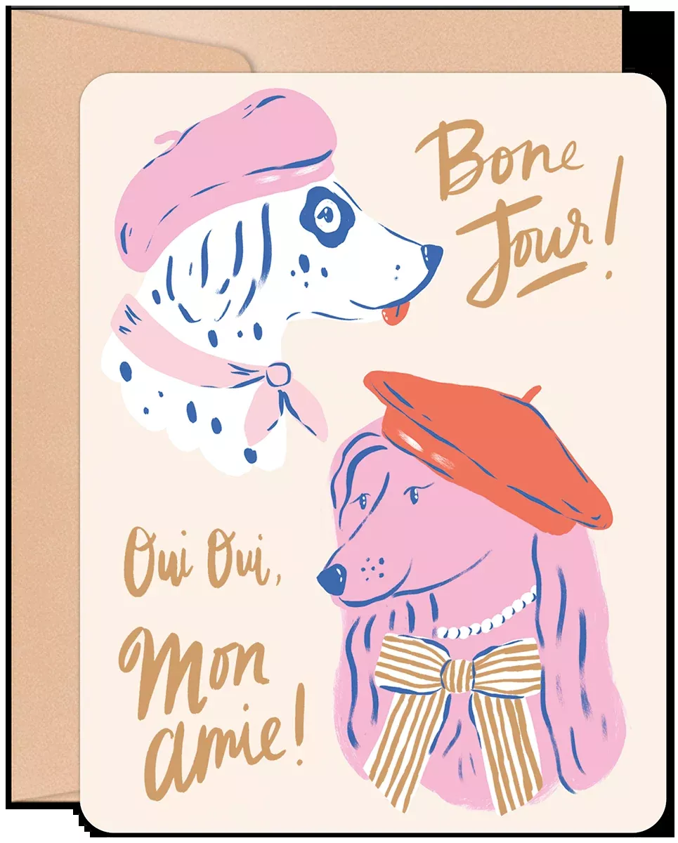Bone Jour Friendship Card with Cute French Pups | Cute Friendship Greeting Card