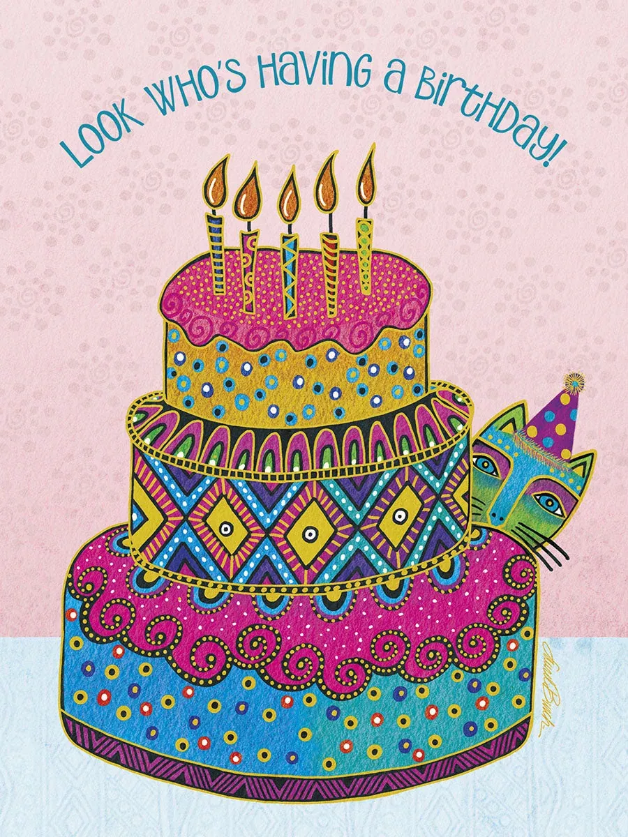 Cute Cat Peeking Colorful Birthday Cake Greeting Card | Cute Birthday Greeting Card