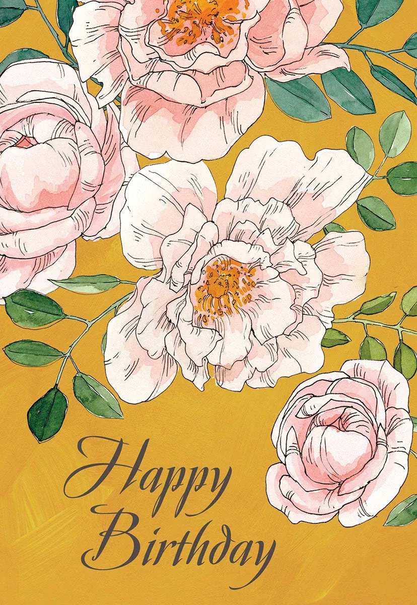 Elegant Pink Flowers on Mustard Yellow Birthday Greeting Card | Heartfelt Birthday Greeting Card