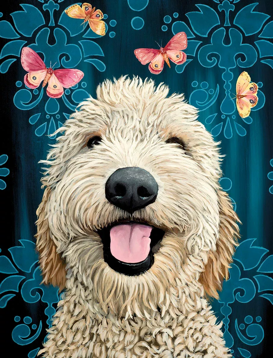 Happy Golden Doodle and Butterflies Blank Greeting Card | Cute Blank Notecard Set