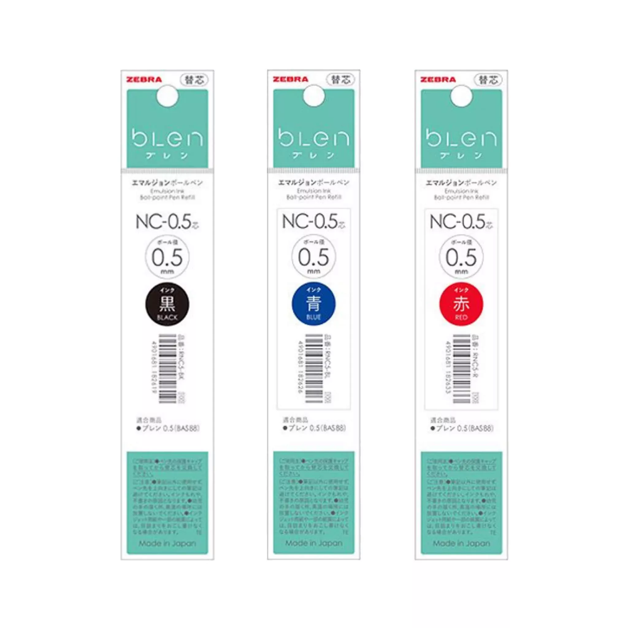 Zebra bLen Ballpoint Pen Refill NC-0.5,Black/Blue/Red Ink,5 Pack