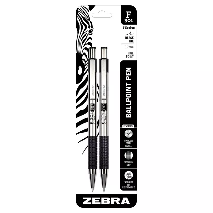 Zebra F-301 Retractable Ballpoint Pen,Fine Point,0.7mm,Black,2 Pack